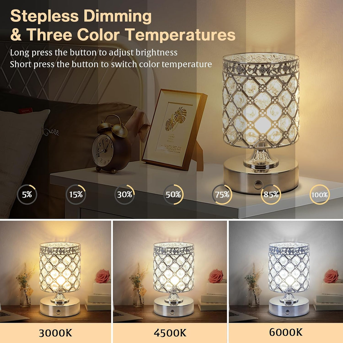 Silver Small Crystal Rechargeable Cordless Table Lamps Set of 2 | 6000mAh Battery, 3 Color Temps, Stepless Dimming