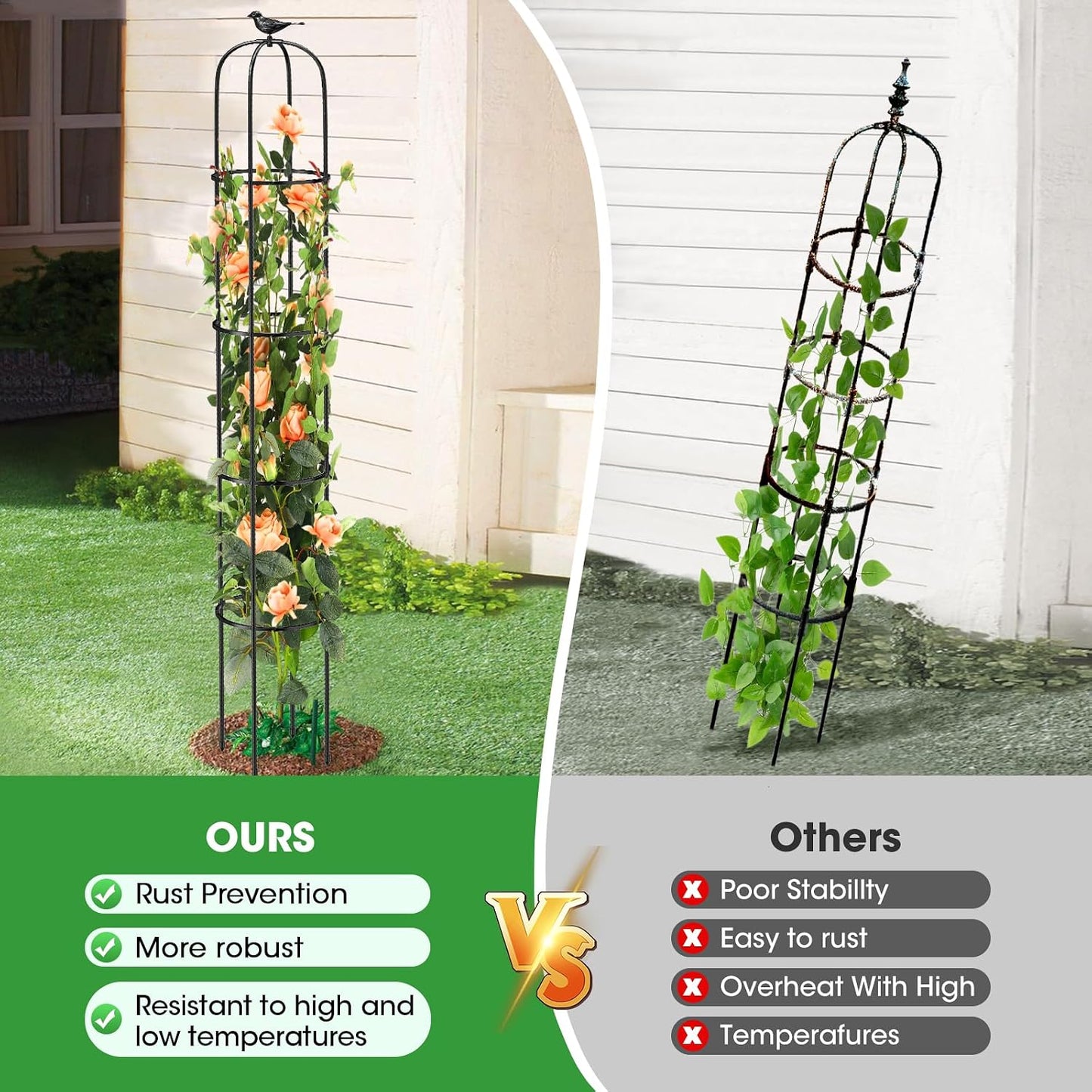 Tower Obelisk Garden Trellis for Climbing Plant，6.2FT/74.4" Rustproof Metal Potted Plant Climbing Support for Indoor