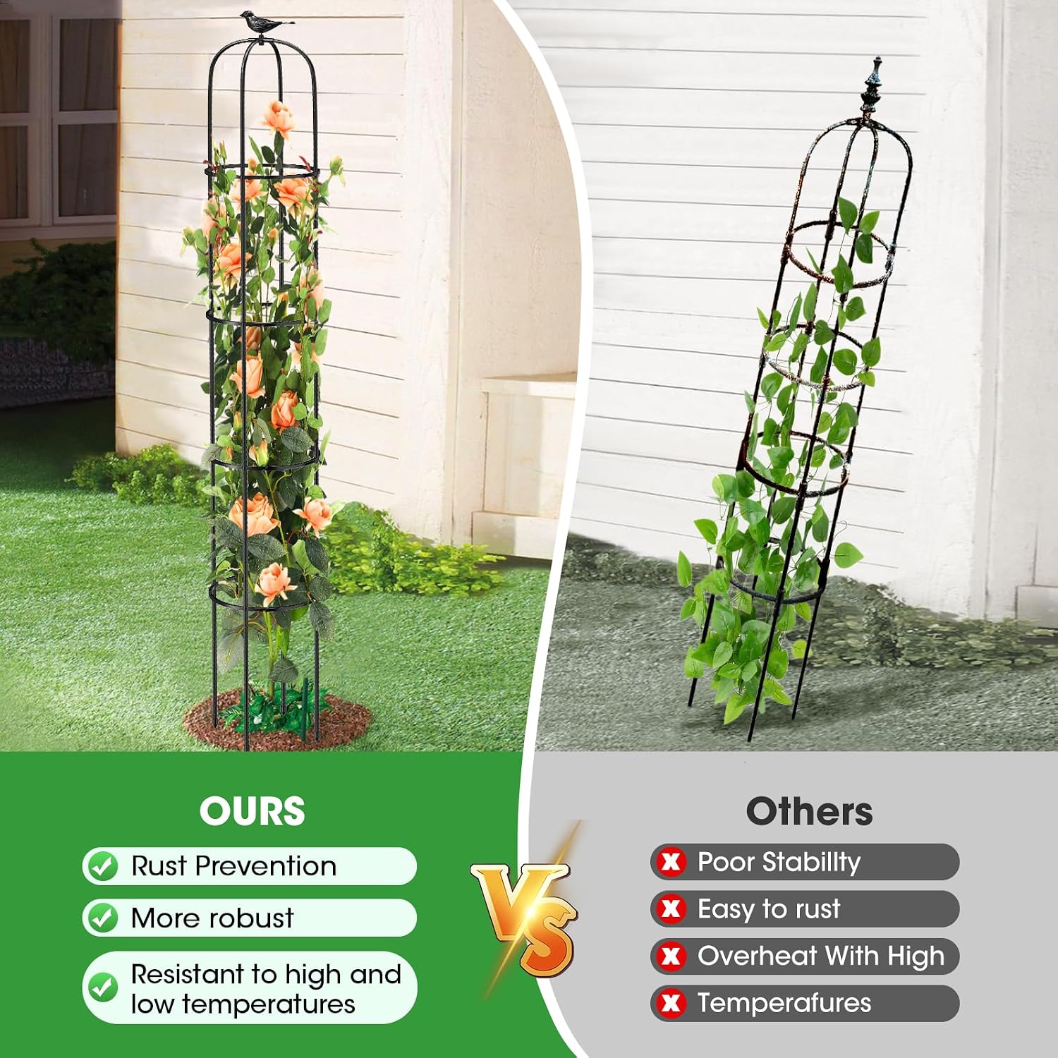 Tower Obelisk Garden Trellis for Climbing Plant，6.2FT/74.4" Rustproof Metal Potted Plant Climbing Support for Indoor