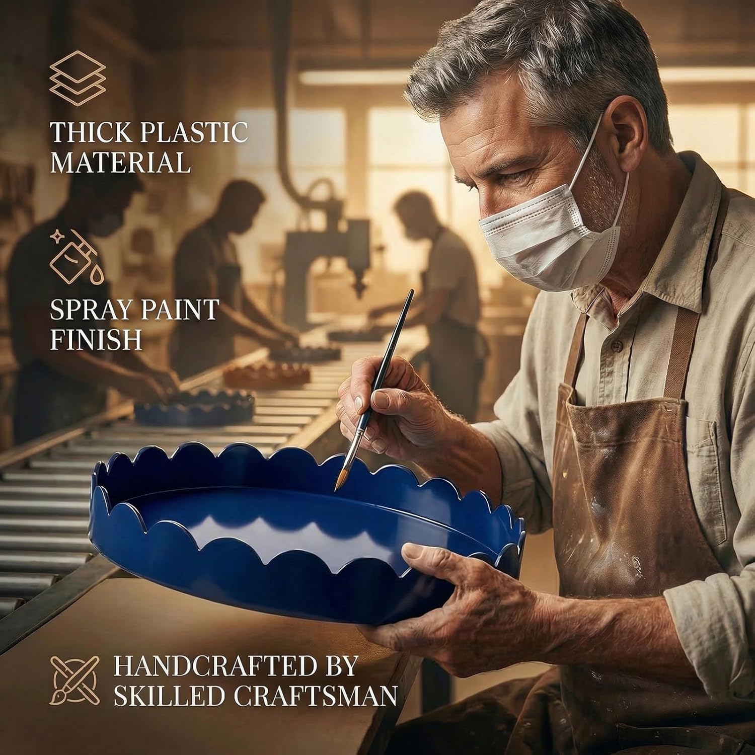 13" Round Scalloped Decorative Tray / Navy Blue