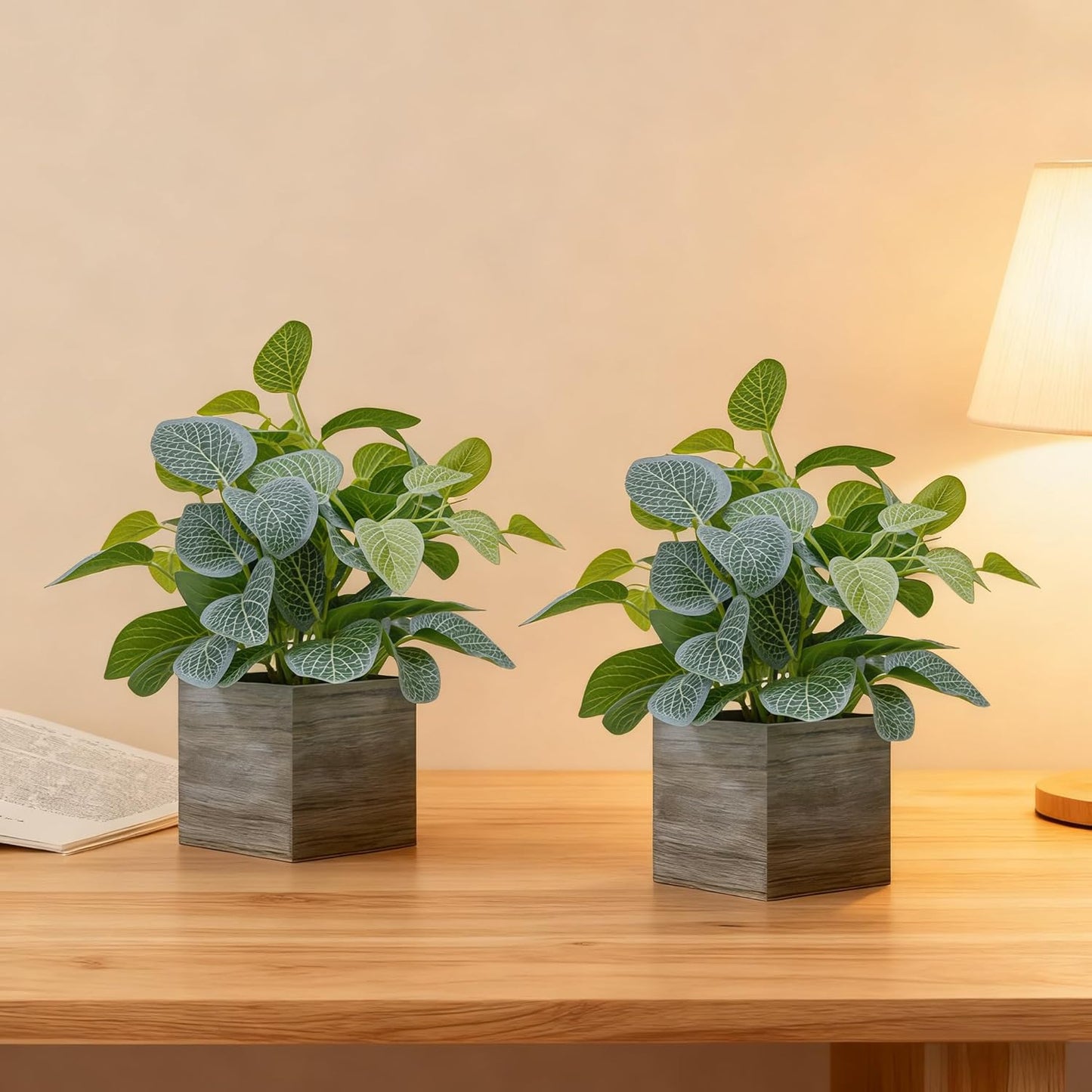 Wooden Planters / Faux Potted Silk Plants / Eucalyptus / 4 Inch / Set of 2