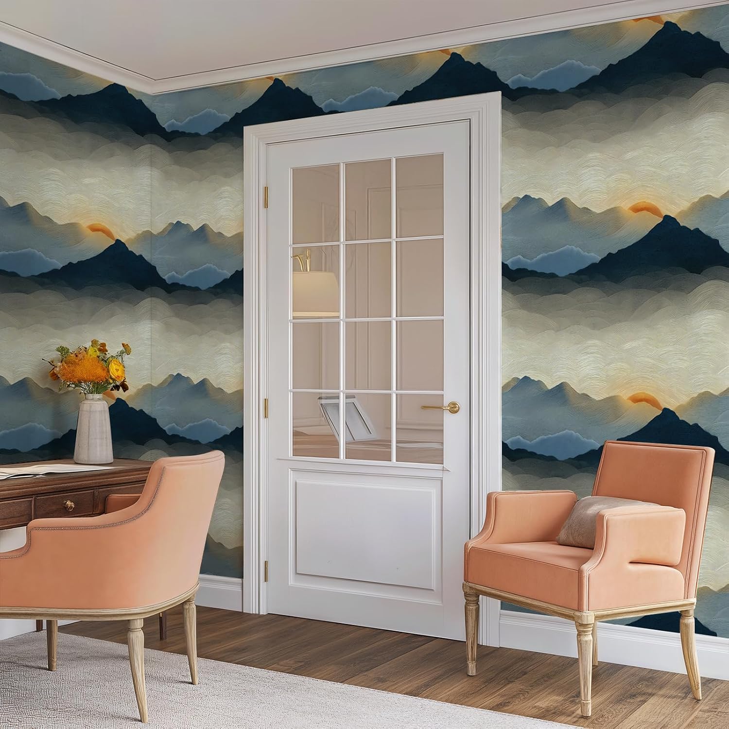 Peel and Stick Sun Art Wallpaper Nature Warm Woody Removable / 17.7 x 236.2 / Blue/white/red
