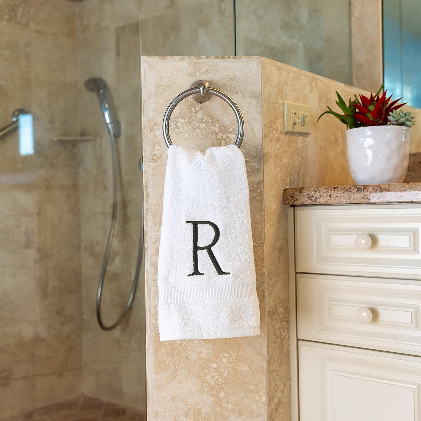 White with Dark Gray Monogrammed Hand Towels for Bathroom Set of 2 Letter R | Luxury Hotel Quality Initial Towels For