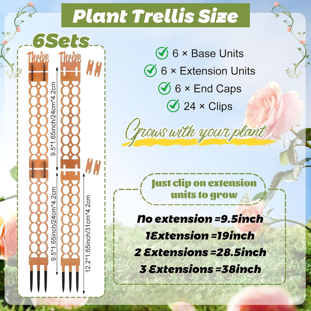 6 Sets Wooden Extendable Plants Trellis Indoor Modular Plant Trellis with Wood Thrive Sign Decor and Extensions for