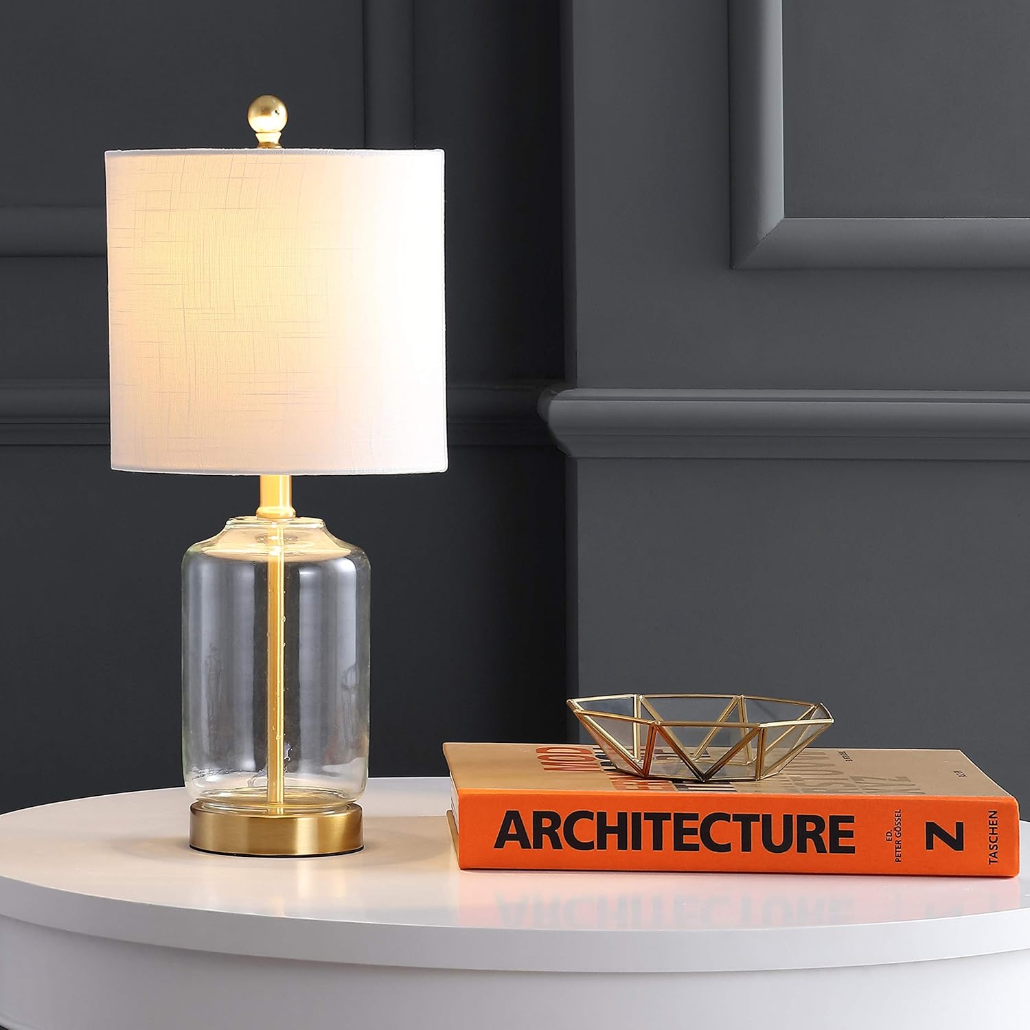 JONATHAN Y Duncan Table Lamp 19.5" Glass and Metal, Brass Gold and Clear | White Linen Drum Shade, Glam Transitional