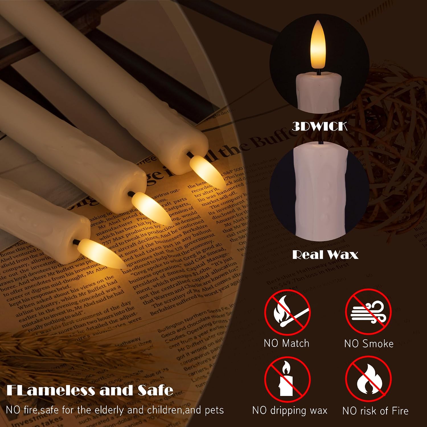 JOIONE Ivory Flameless Taper Candles with Remote, 6 Pack Dripping Wax | Real Wax LED, Battery Operated, Flickering