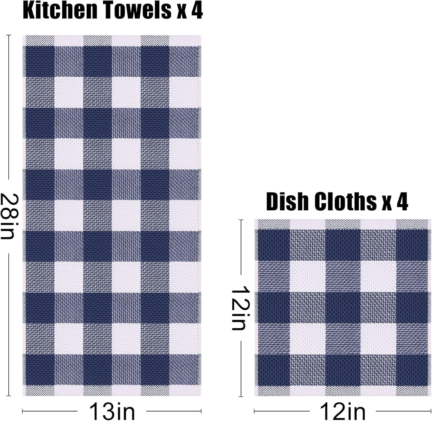 Homaxy Kitchen Towels and Dishcloths Set, Set of 12, White & Navy Blue | Bulk Cotton Waffle Weave Check Plaid Kitchen