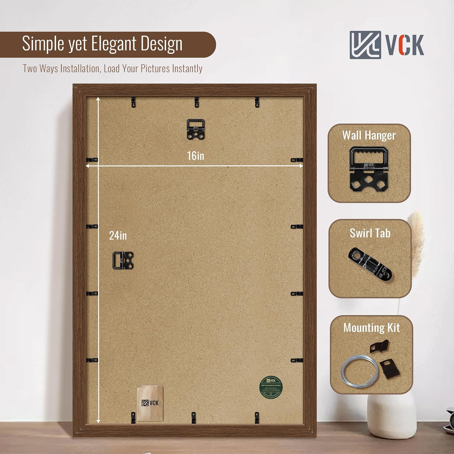 VCK 16x24 Frame Brown 4 Pack, Wide Thick Wood Border, for Poster/Prints | Exclusive Woodgrain, Wall Hanging, HD
