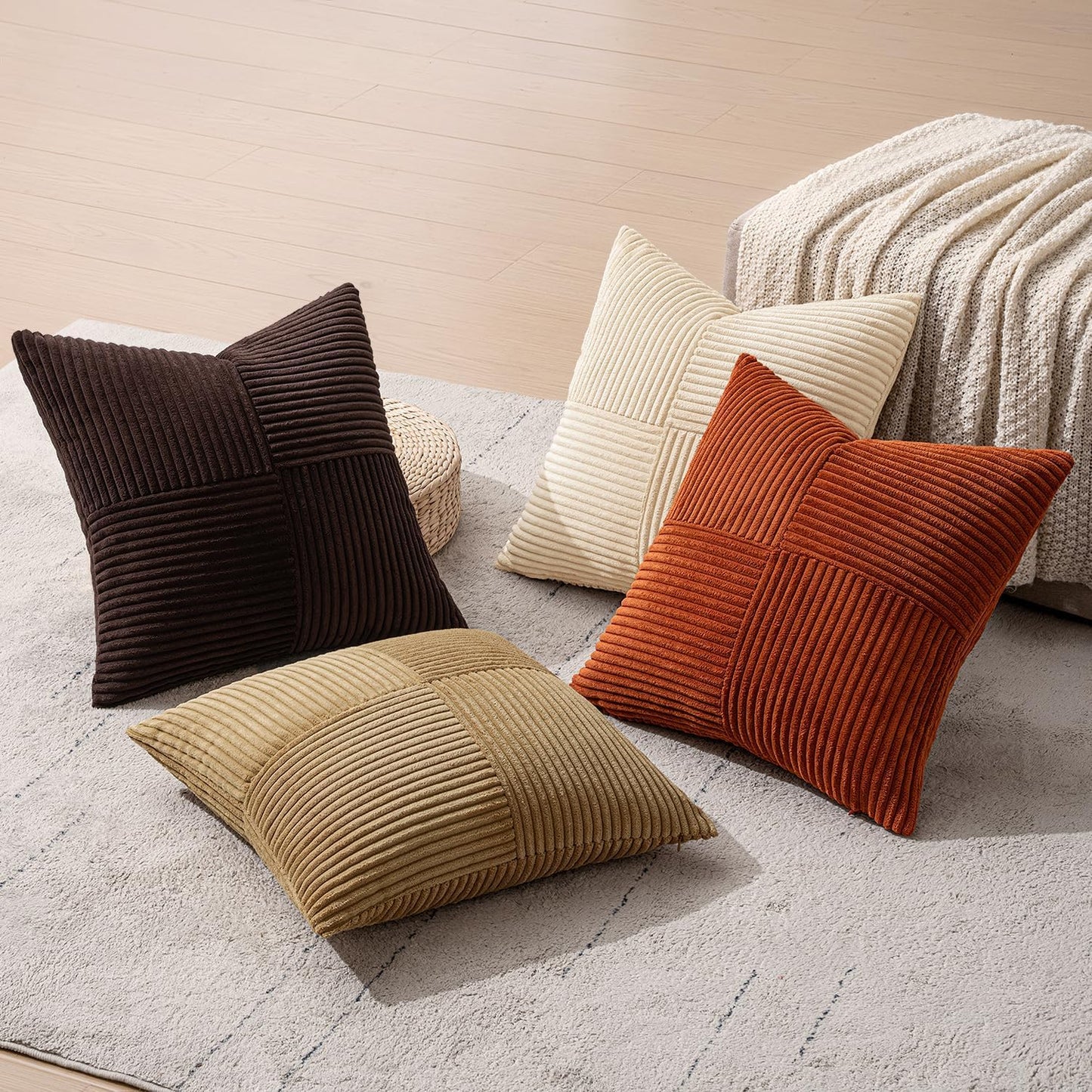 Throw Pillow Covers Boho Farmhouse Cushion Cases for Livingroom / 20 x 20 / Brown Beige / Set of 4