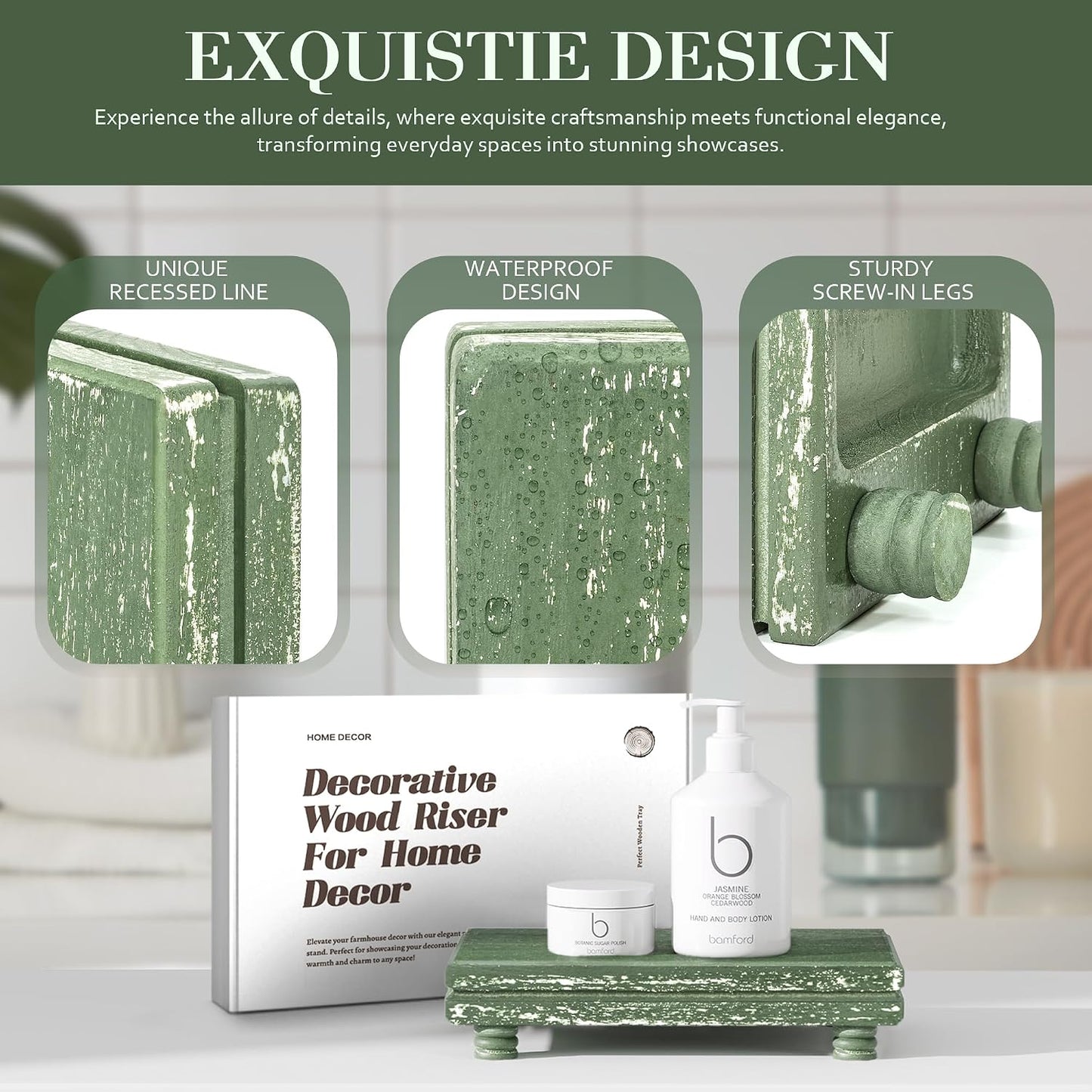 Wood Pedestal Stand as Perfume Stand & Wood / Green