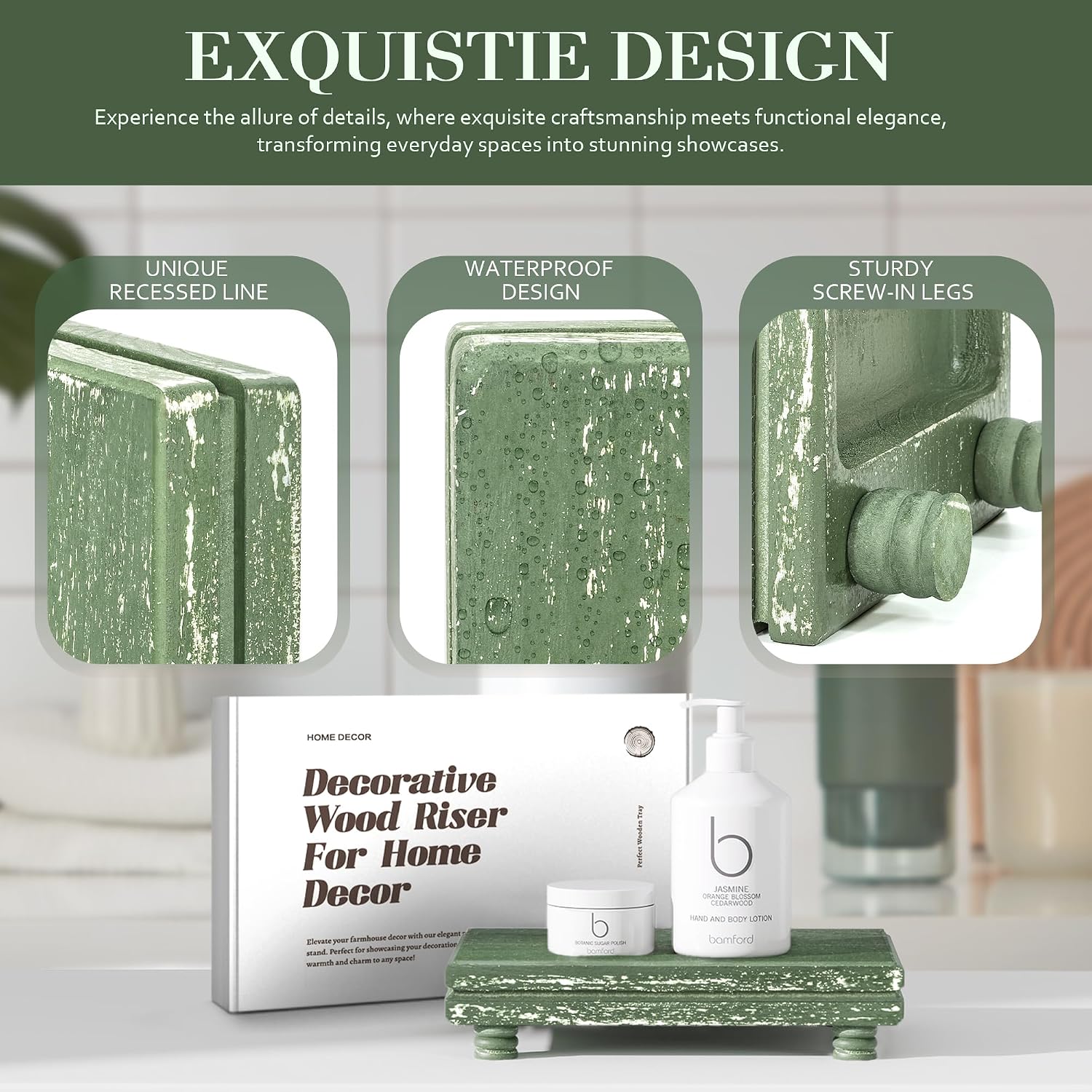 Wood Pedestal Stand as Perfume Stand & Wood / Green