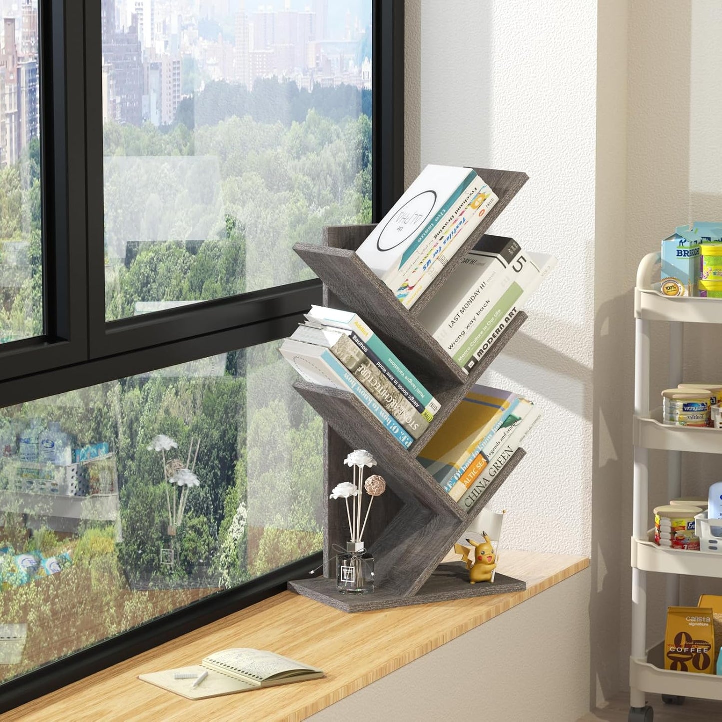 SHEEPAM Small Tree Book Shelf,5 Tier Bookshelf, Wood Desktop Bookcase | Modern Desk Display Storage Bookshelves,Space