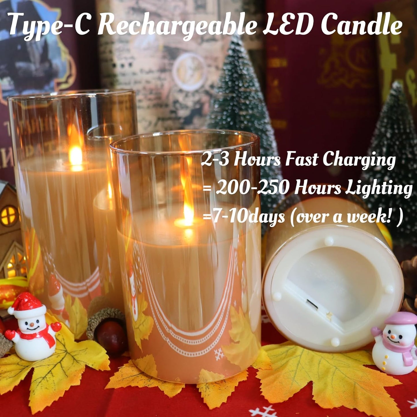200 Hours Glass Rechargeable Flickering Flameless Candles with Remote | Rechargeable LED Pillar Fake Candles, Real Wax