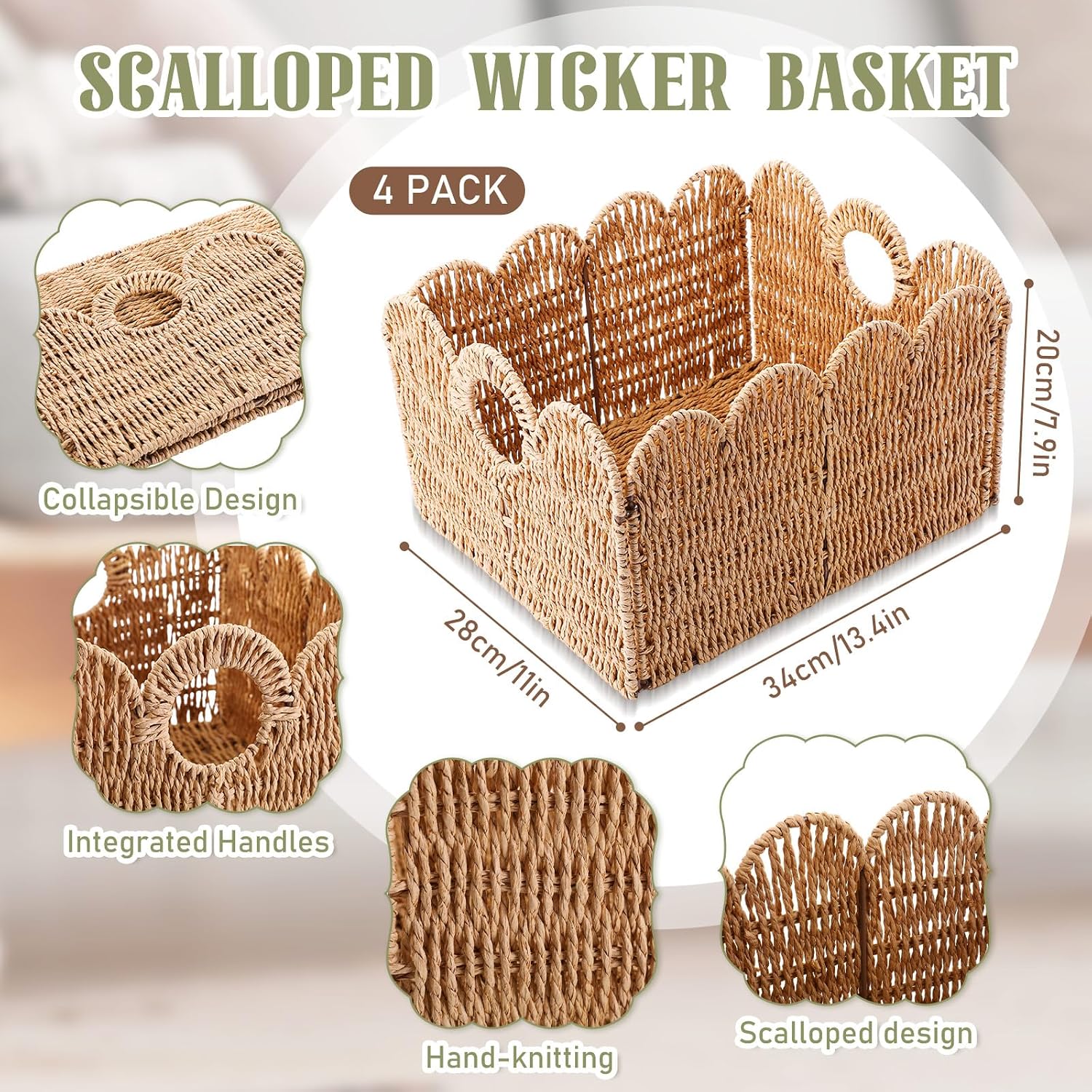 4 Packs Scalloped Wicker Storage Basket Paper Rope Pantry Baskets