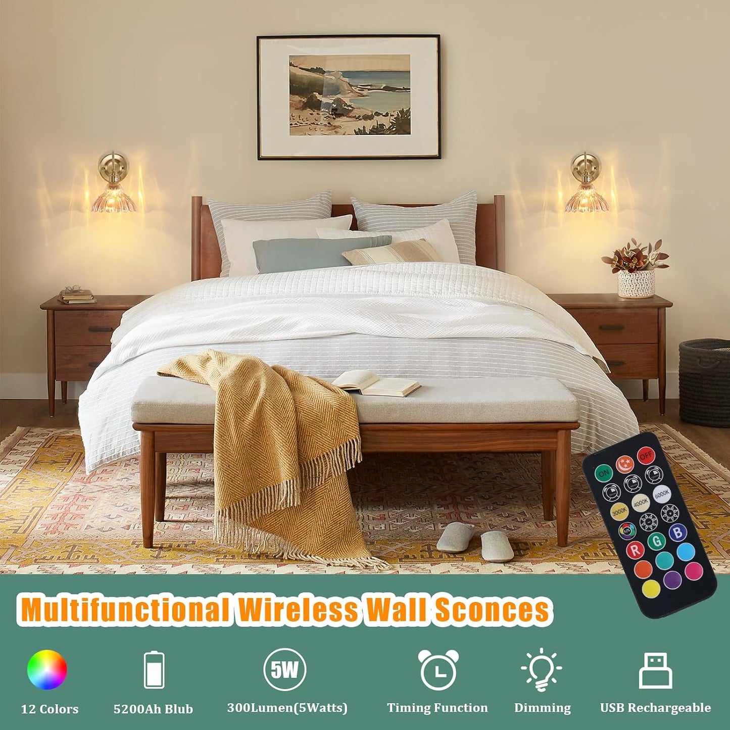 Shenmoyl Battery Operated Wall Sconce, Vintage Rechargeable Wall Lights with Amber Lily Glass Shade, Wireless Indoor