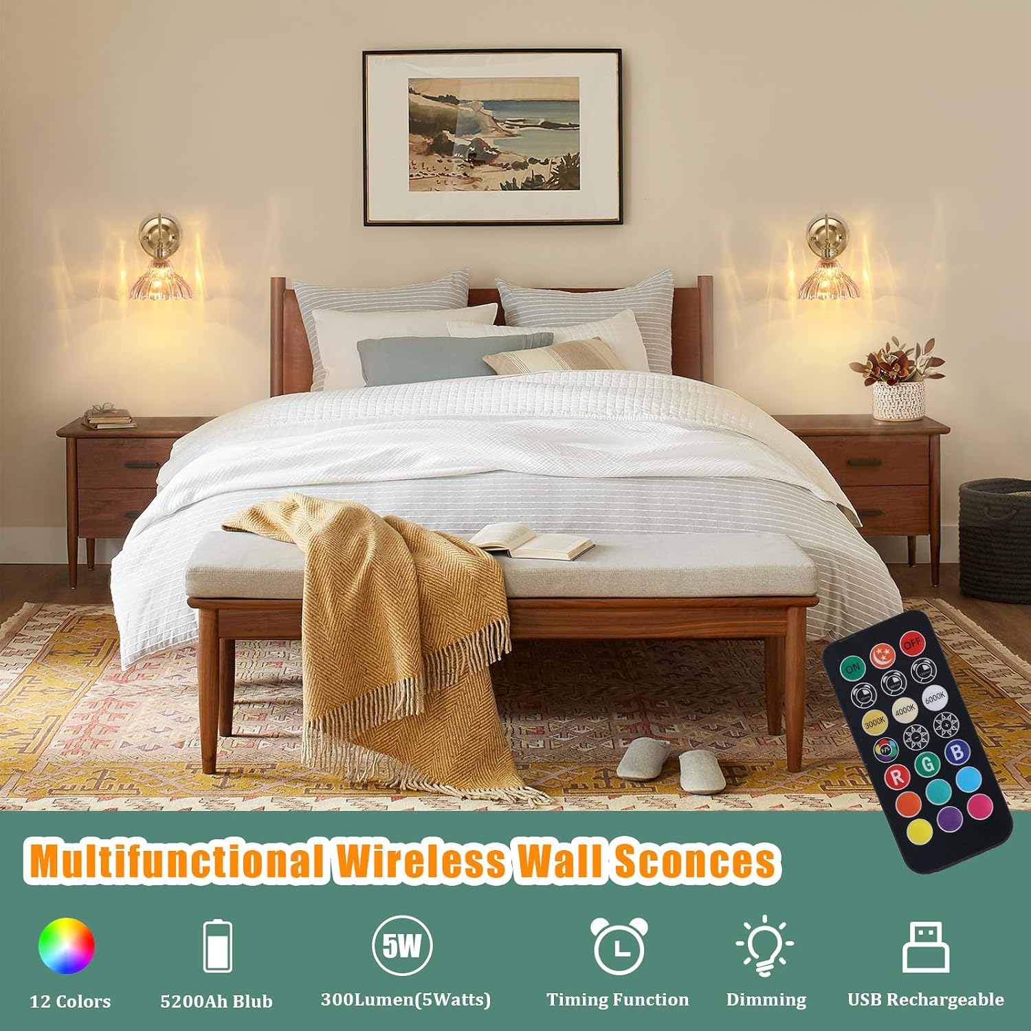 Shenmoyl Battery Operated Wall Sconce, Vintage Rechargeable Wall Lights with Amber Lily Glass Shade, Wireless Indoor