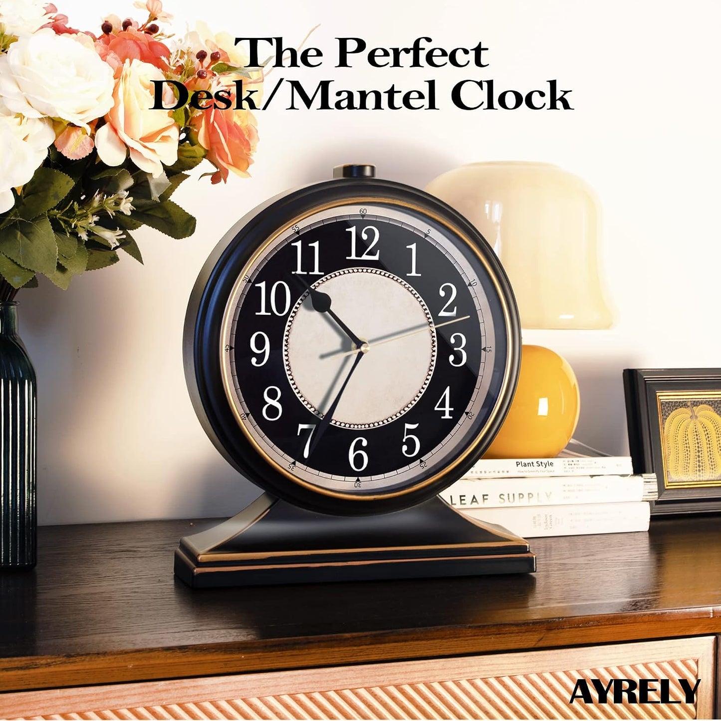 AYRELY® Vintage Desk Clock Silent-Non-Ticking 10-inch dial Table Clock,Retro Mantel Clocks and Easy to Read for Living