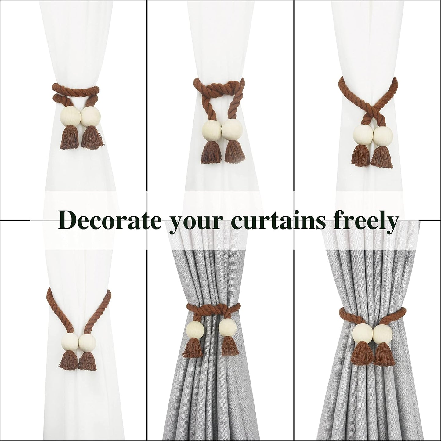 Magnetic Curtain Tiebacks Decorative Tie Back Drapes Holdbacks Nieffeiy | 6 Pack Khaki Cotton Hand Woven Rope Curtain