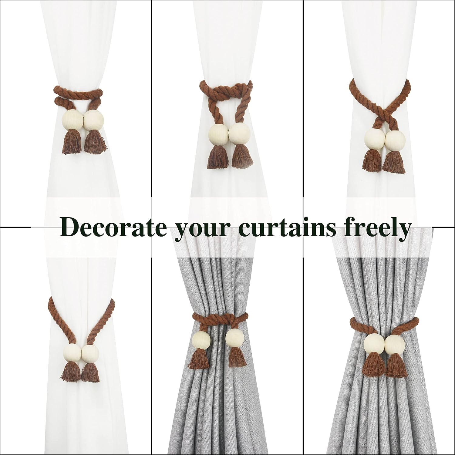 Magnetic Curtain Tiebacks Decorative Tie Back Drapes Holdbacks Nieffeiy | 6 Pack Khaki Cotton Hand Woven Rope Curtain