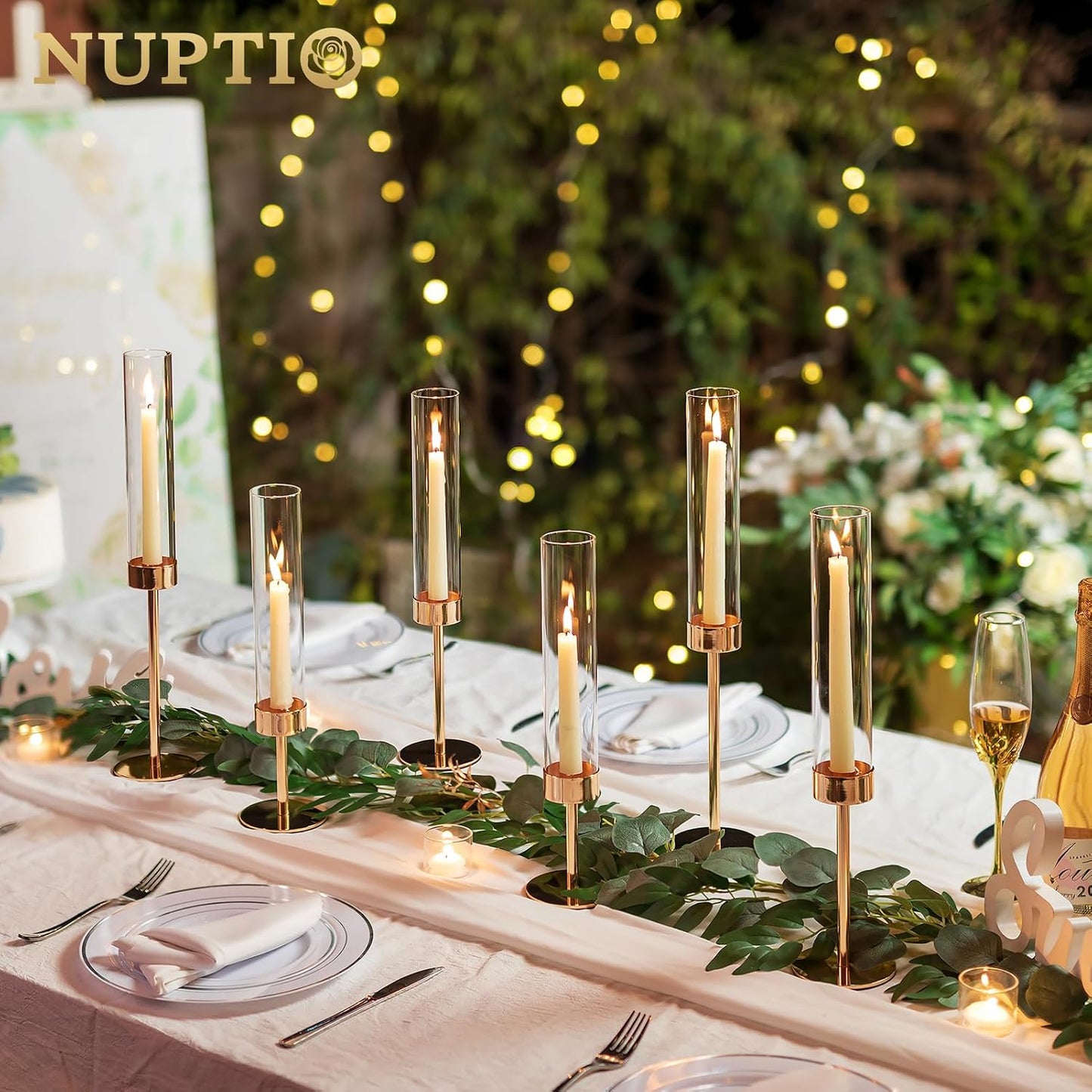 NUPTIO Hurricane Candle Holder for Candlestick, 6 Pcs Gold Candle Holders | Tall Taper Candle Holder with Cylinder