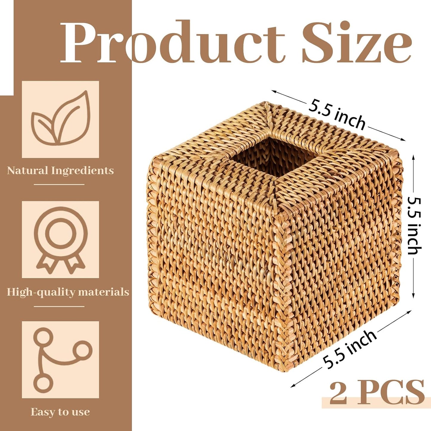 Square Rattan Tissue Box Cover Boho Wicker Tissue Cube Box Cover 5.5'' x / Wood / Natural / Set of 2