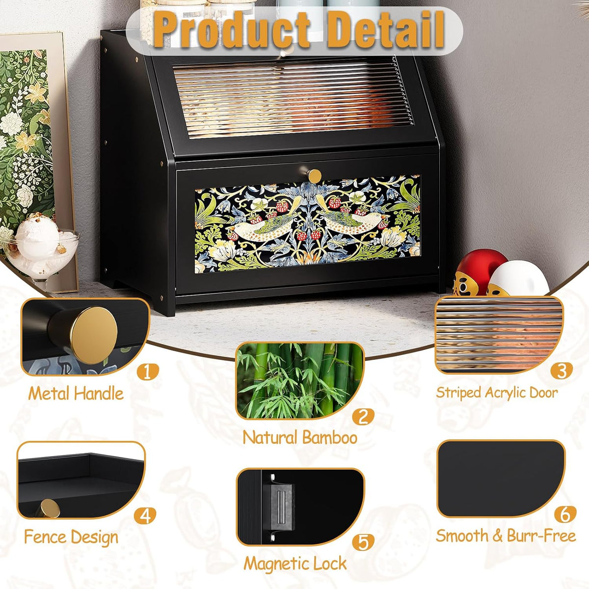 Trironsun Bamboo Bread Box for Kitchen Counter Black Bread Storage Container with Acrylic Door William Morris Flower