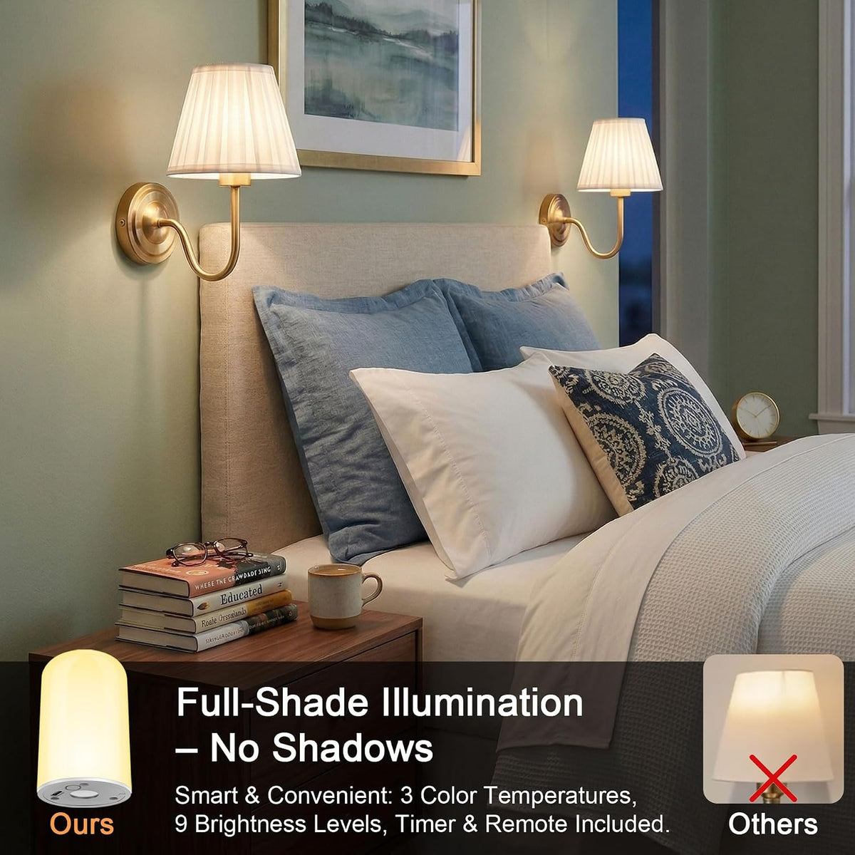 Gold Wireless Wall Sconce Set of 2, Battery Operated Wall Lights with Remote Control & 3 CCT Color Temperature Dimmable