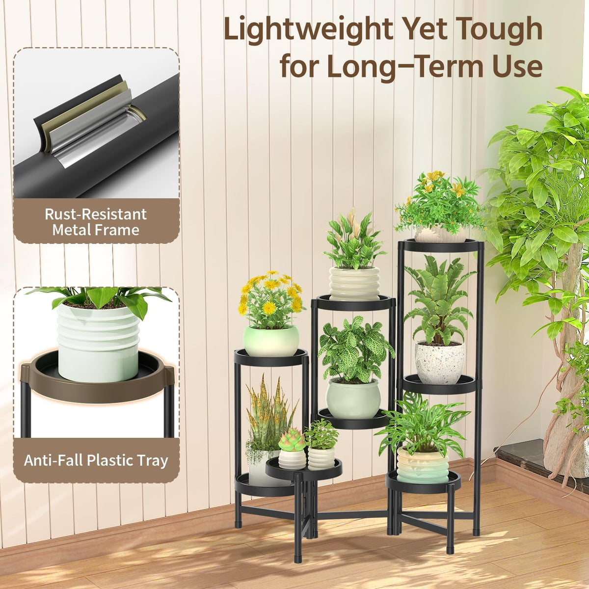 LASZOLA Plant Stand Indoor Outdoor Tall with Plastic Tray, 8 Tiers Black | Corner Folding Flower Display Rack, Modern