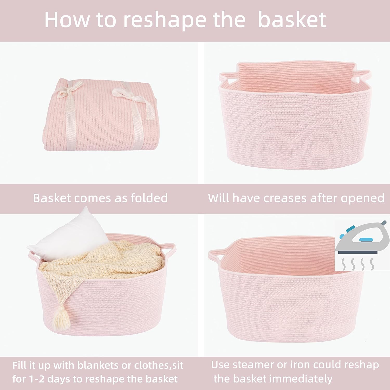Large Rectangle Blankets Baskets " Toy Basket for Kids Woven Cotton Rope / Pink / 22 x 17 x 12