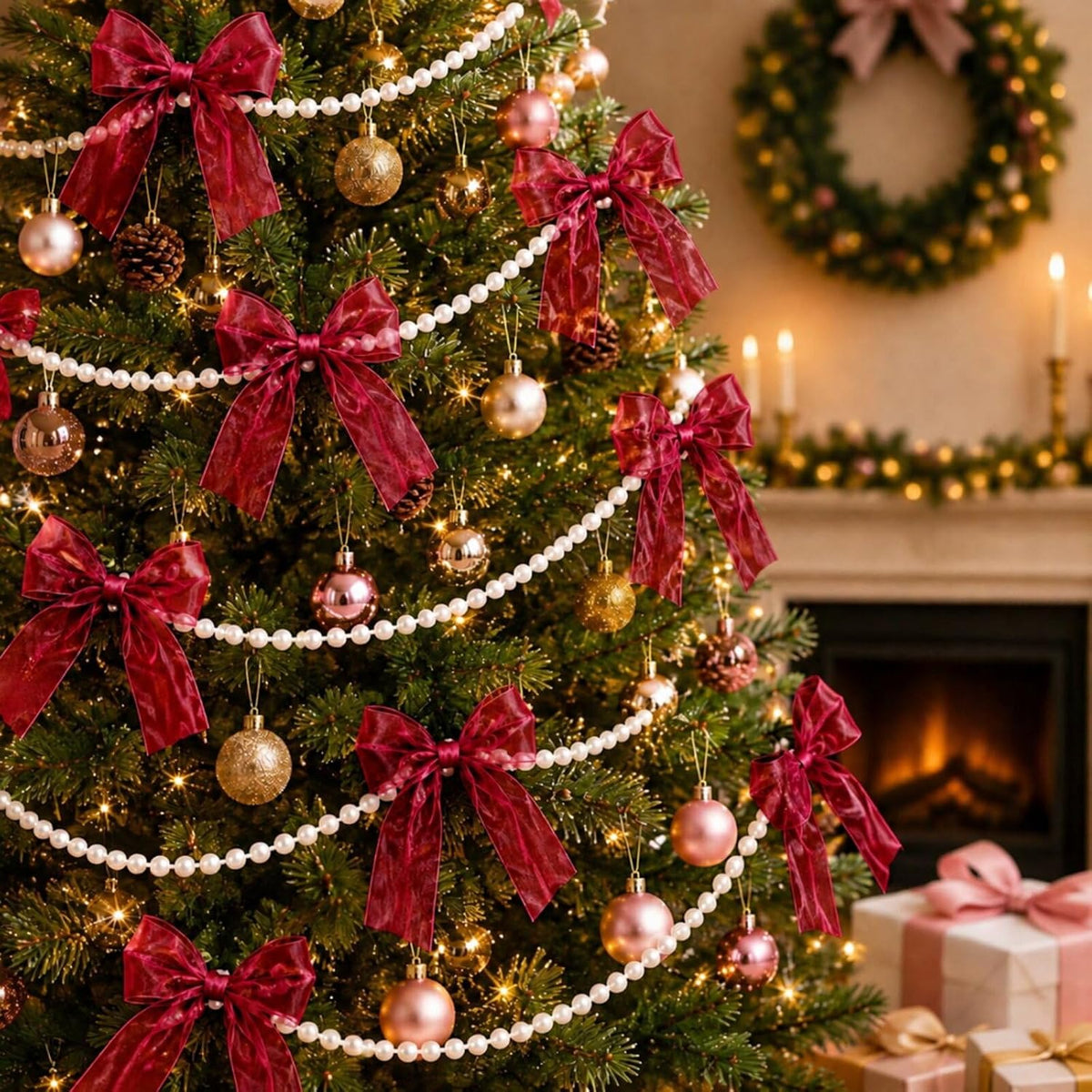 2 Pcs 15 ft Christmas Ball Ornament Garland, Red, White, Silver