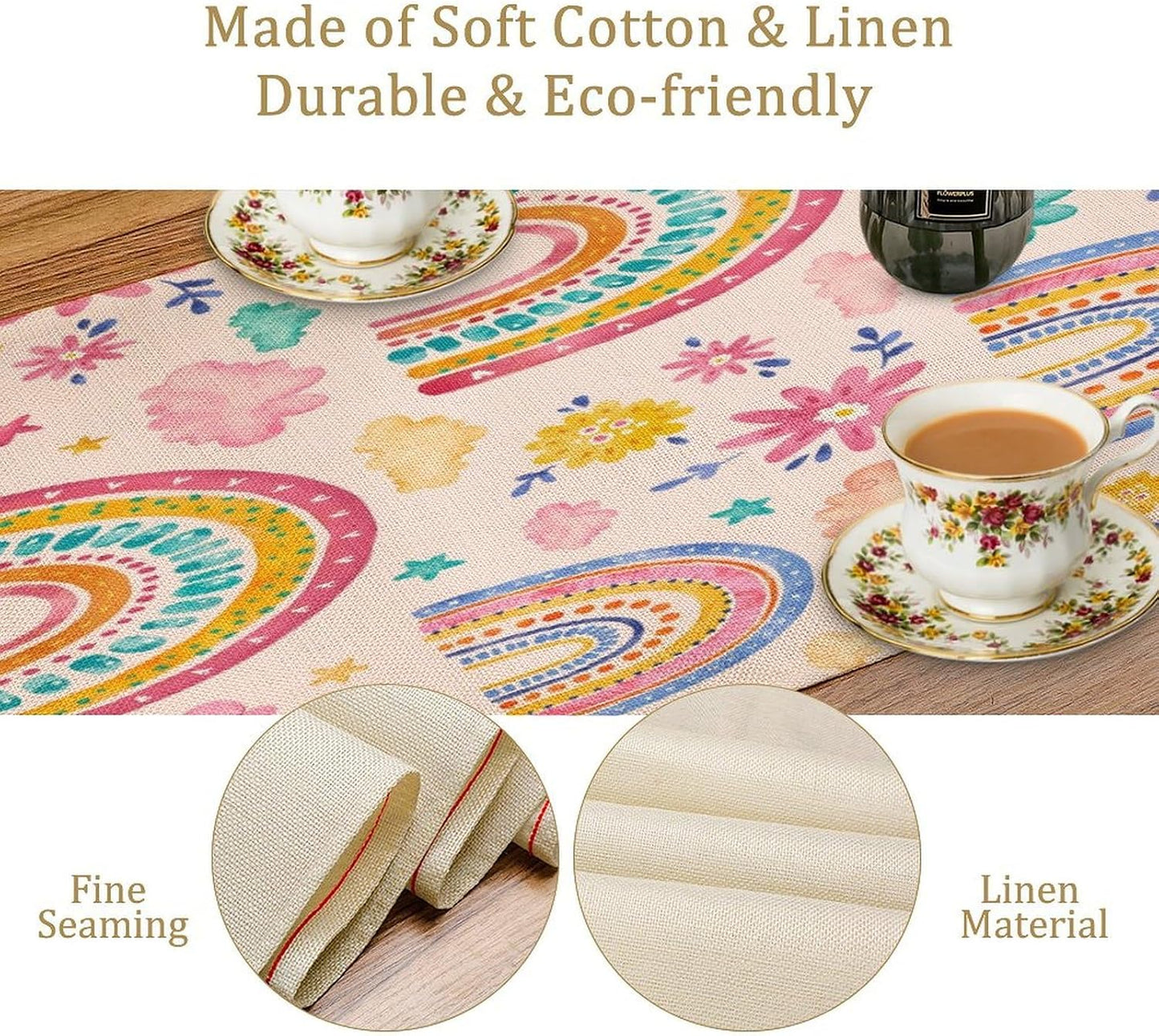 Fantasy Cartoon Colorful Rainbow Table Runner Pink Abstract Cute Boho Rainbow Pattern Printed Linen Table Runner for