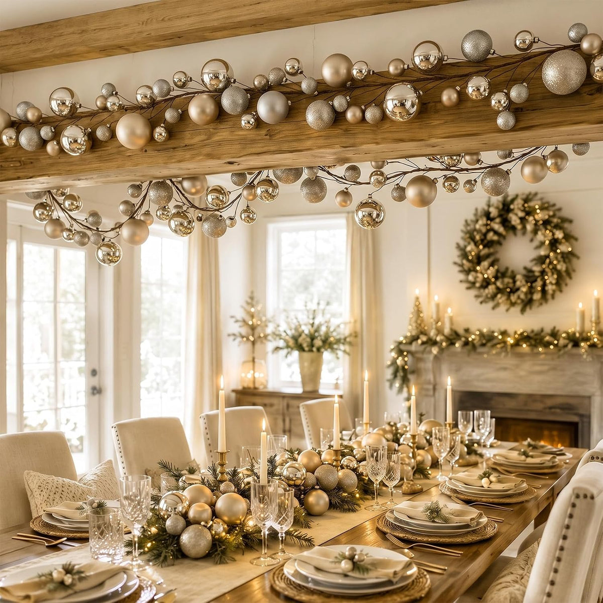 2 Pcs 15 ft Christmas Ball Ornament Garland, Champagne Gold | Bauble Bulb Christmas Tree Ball Decoration Shatterproof