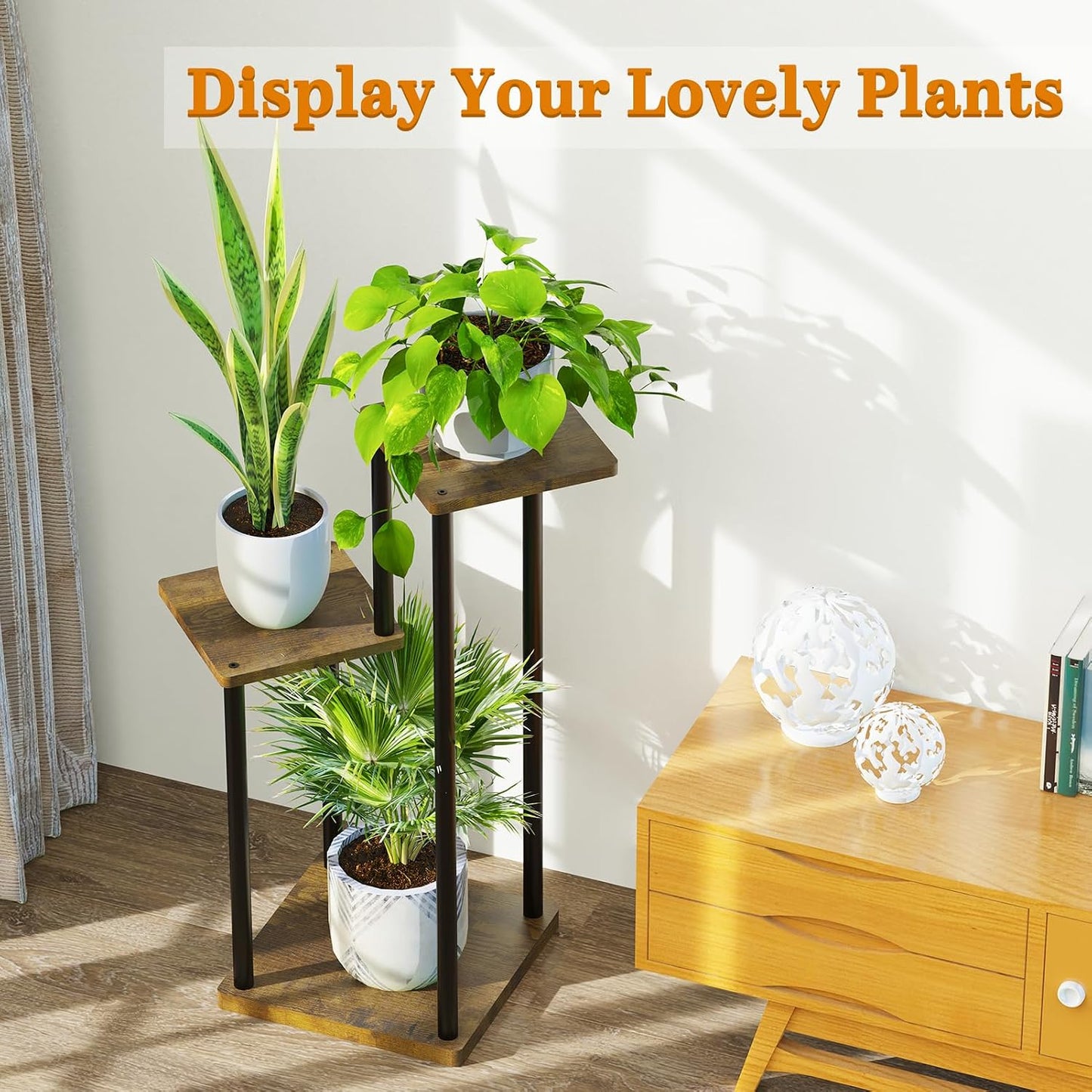 Plant Stand Indoor, Oppro 3 Tier Corner Metal Wood Flower Pot Holder Shelf | Multiple Display Rack Square Table for