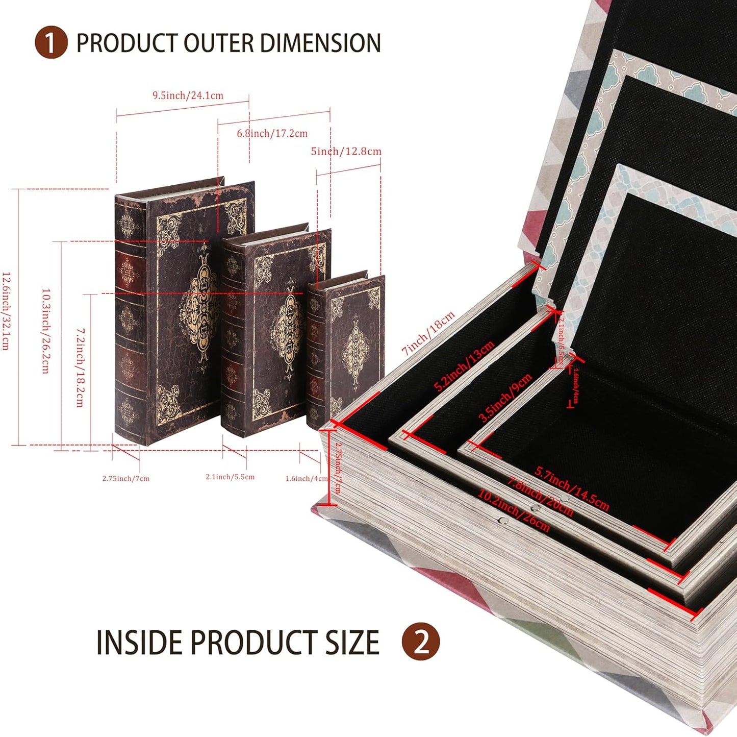 Wooden Book Box / 3 x Dark Vintage / Set of 3