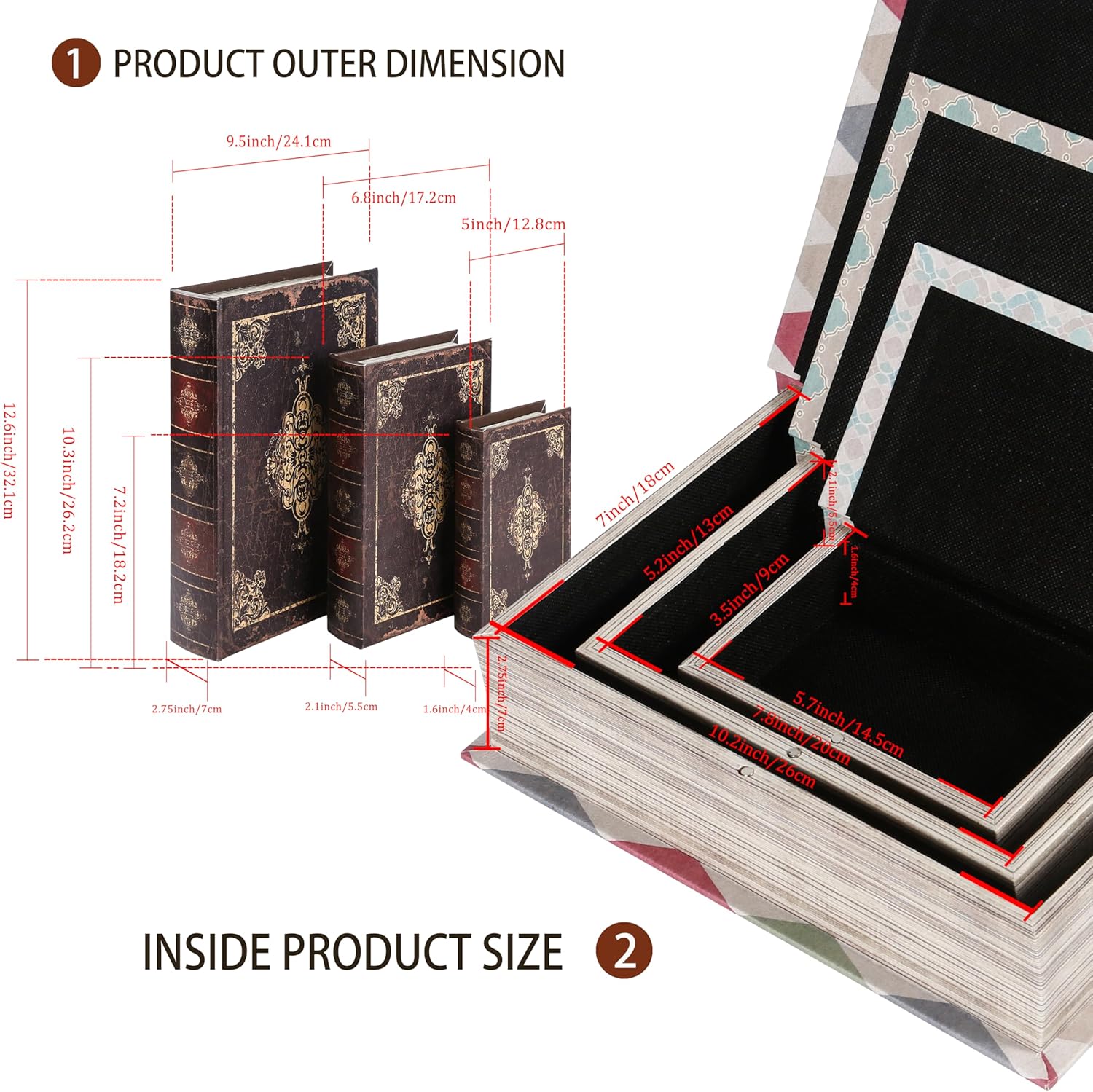 Wooden Book Box / 3 x Dark Vintage / Set of 3