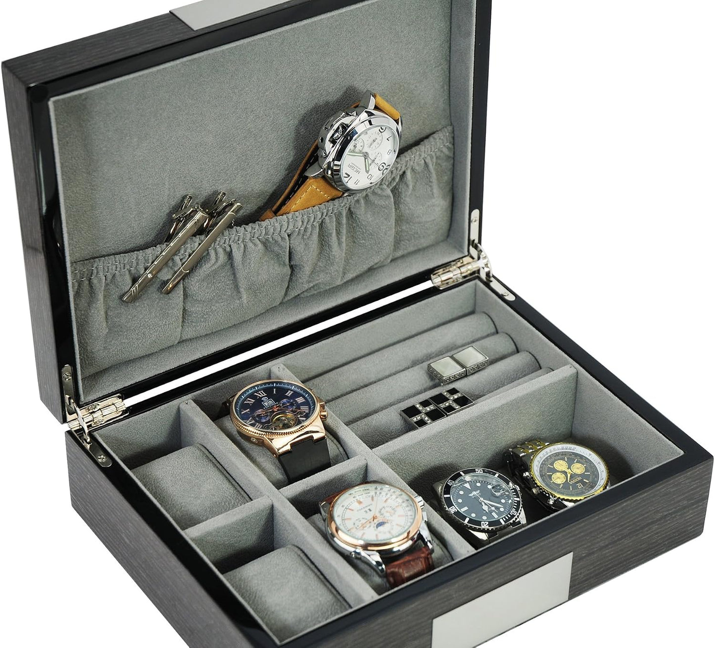 Ginko Lacquered Wood Watch Cufflink Case & Ring Storage Organizer Men's Jewelry Box Father's / Grey