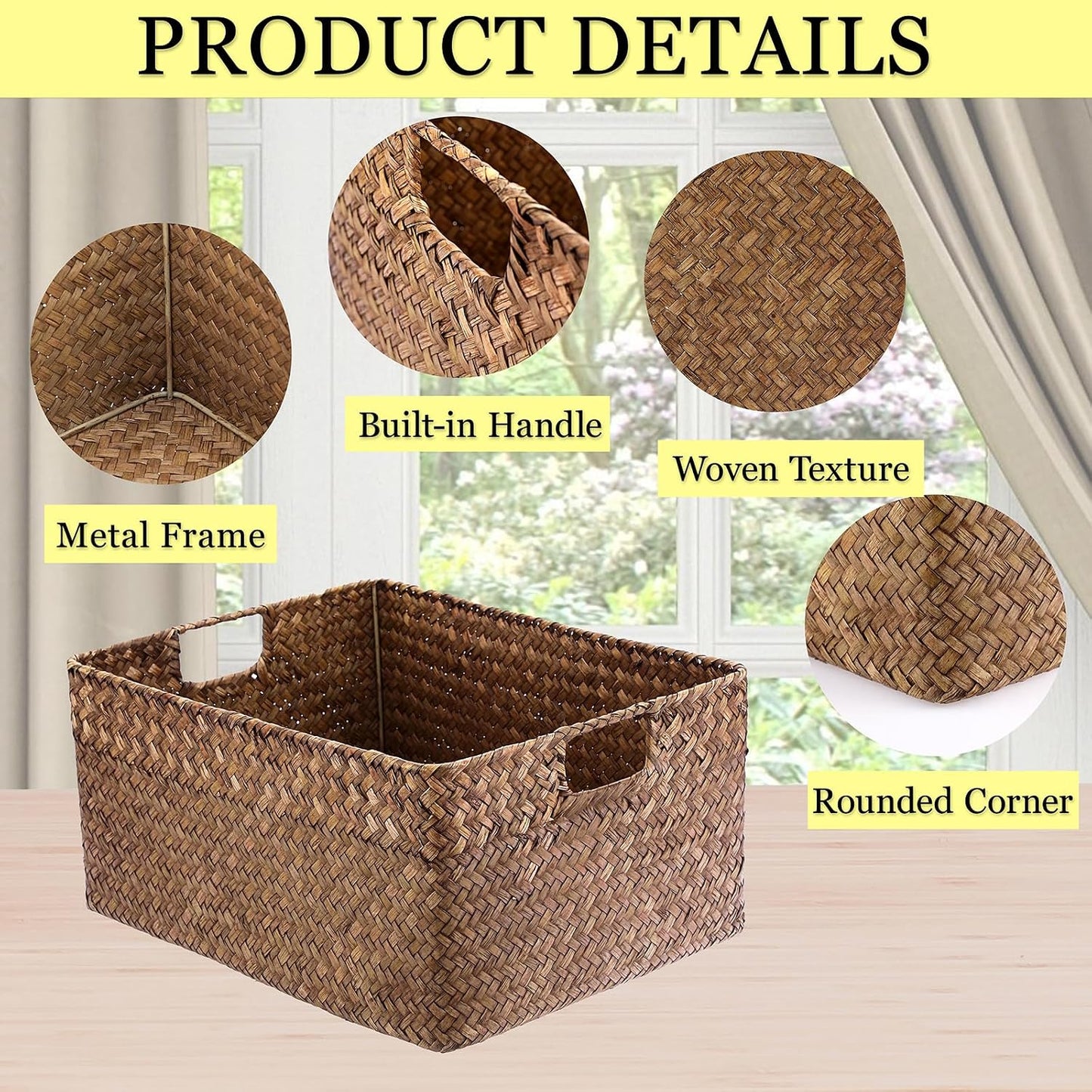 Seagrass Storage Baskets Bin / 16.1 x 11.8 x 7.7 / Large / Coffee