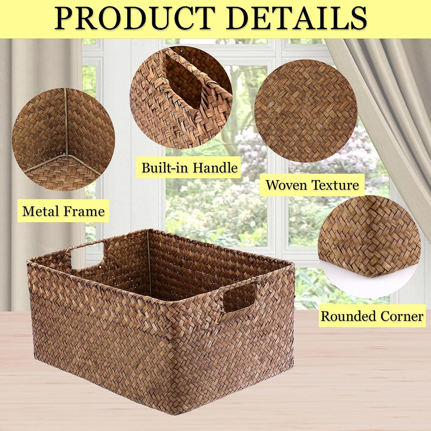 Seagrass Storage Baskets Bin / 16.1 x 11.8 x 7.7 / Large / Coffee