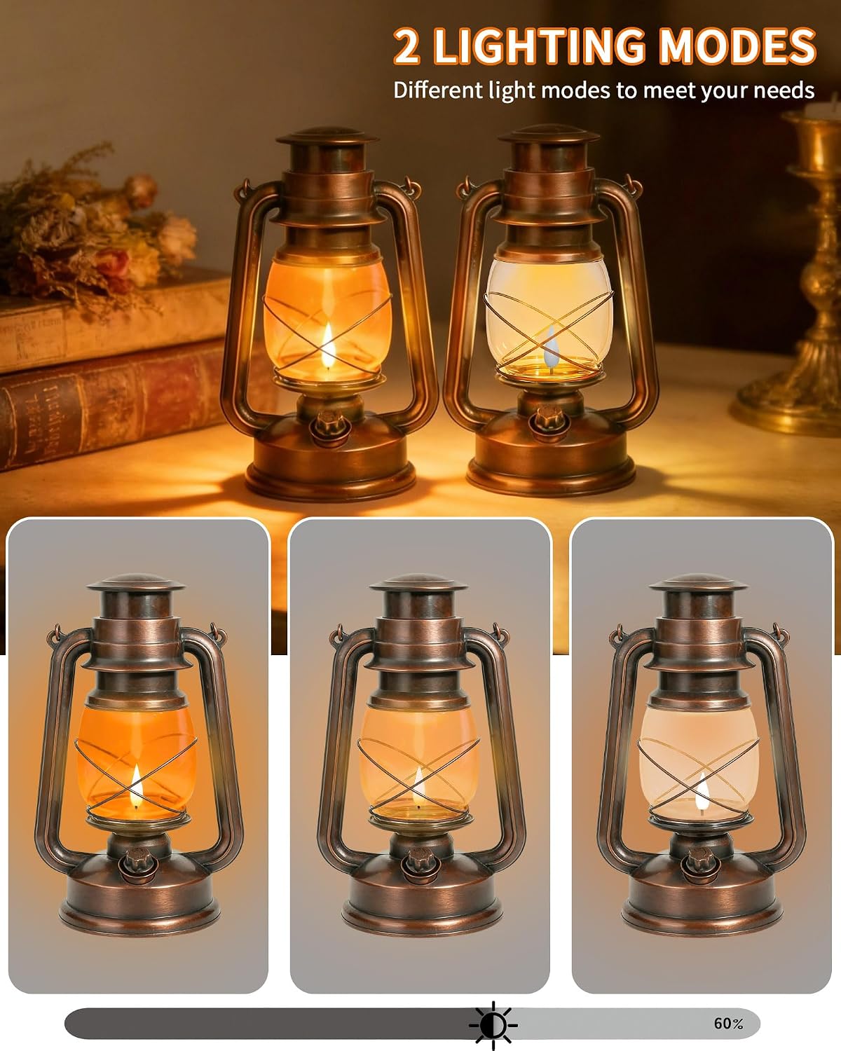 2 Pack Battery Operated Vintage Hanging Lanterns, IP65 Waterproof | 2 Modes (Steady & Flickering), Battery Included