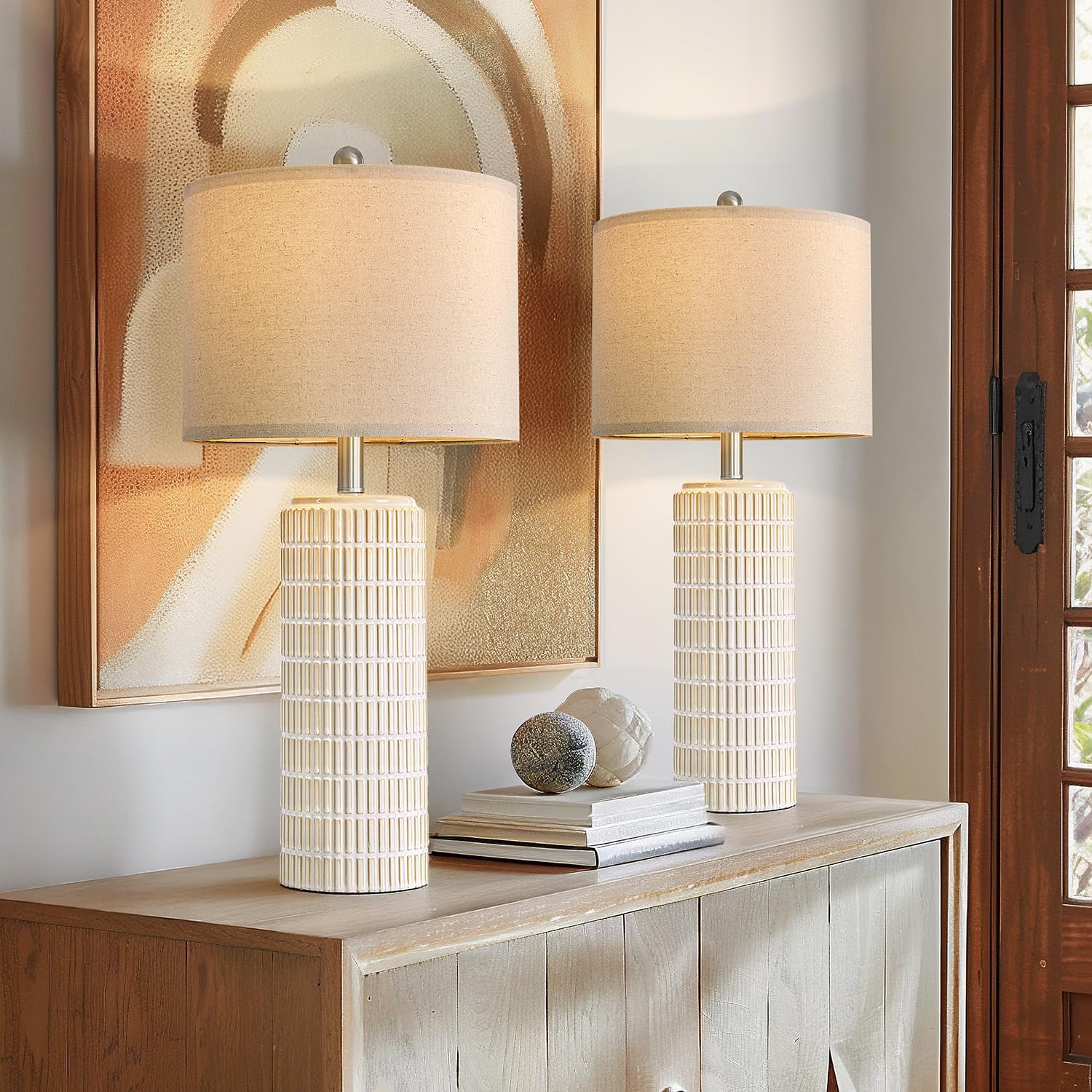 PoKat 27.5'' Tall Table Lamps for Living Room Set of 2, Ceramic Bedroom Lamps for Night Stands, Modern Bedside Lamps