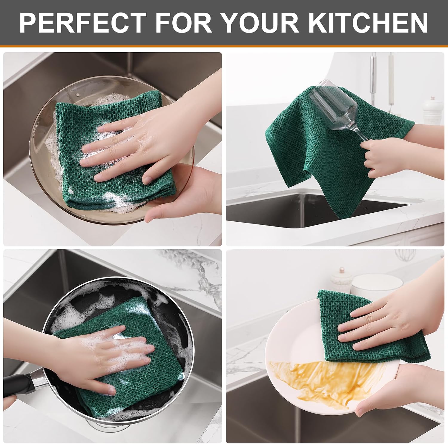 Kitinjoy 100% Cotton Waffle 8-Pack Kitchen Towels, 12" x 12", Dark Green | Ultra Absorbent, Super Soft, lightweight