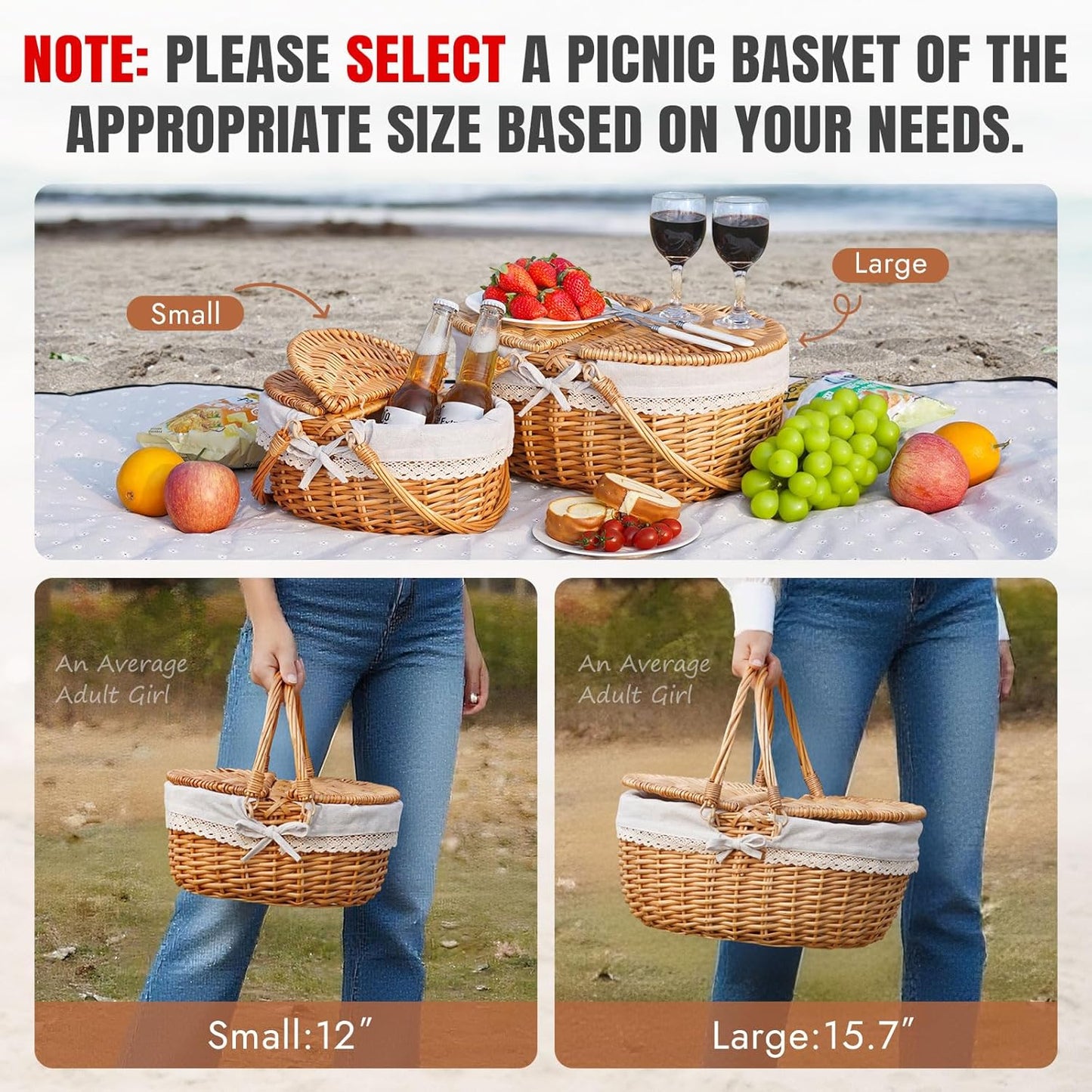 Wicker Basket / 12" Picnic Basket / Small / Solid