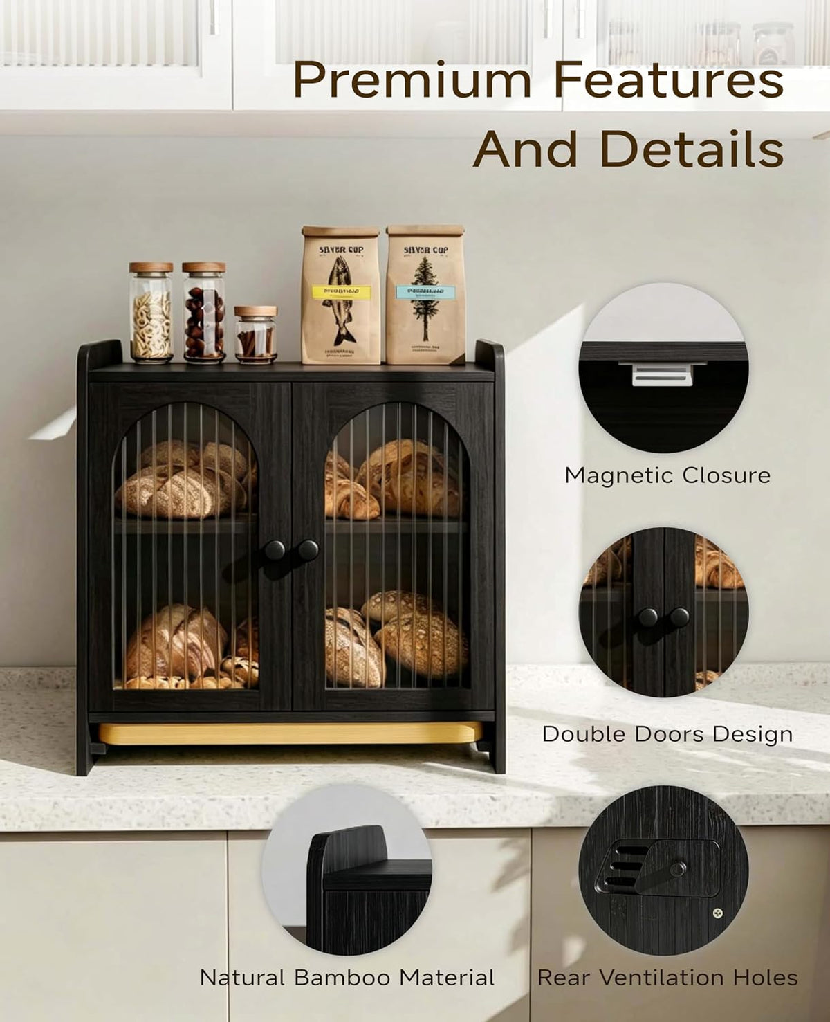 Bread Box for Kitchen Countertop, Large Double Layer Wooden Bread Storage Container with Acrylic Window, Adjustable Air