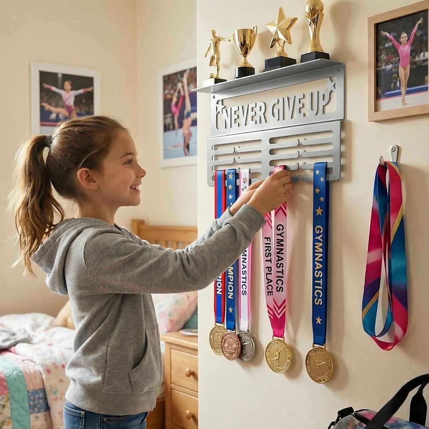 AGATHOS HOME Medal Hanger Display with Trophy Shelf - Metal Awards Rack for Walls Holds 64+ Sports Medals- Our Never