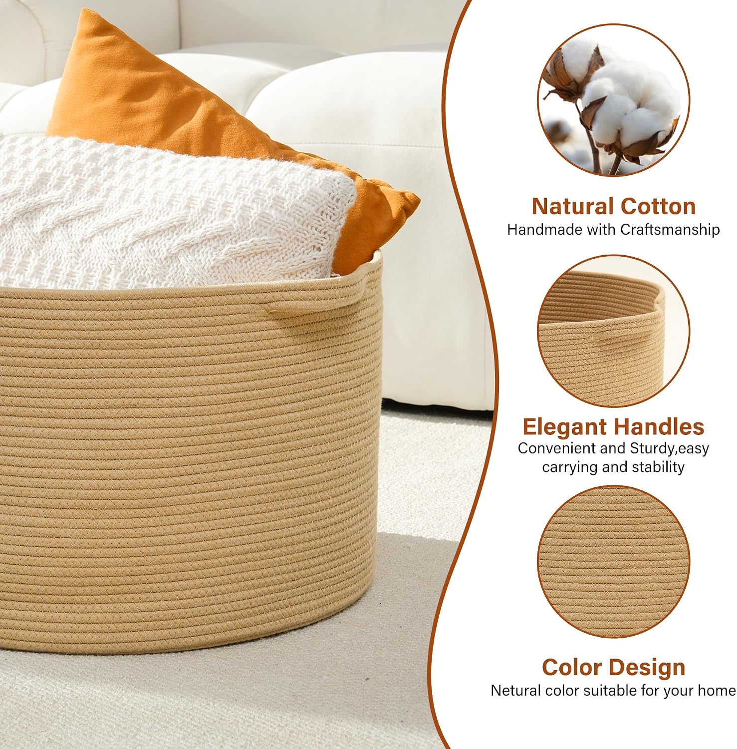 Collapsible Handle Cotton Rope Soft Woven Fabric Storage Organizer Clothes Toys / Camel / 65L