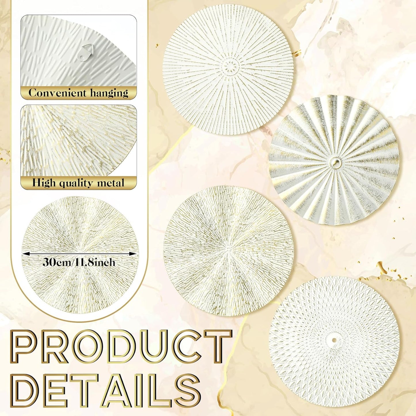 Metal Wall Art Decor Modern Sunburst Hanging Artwork Decor Wall / White Gold / 12 Inch / Set of 4