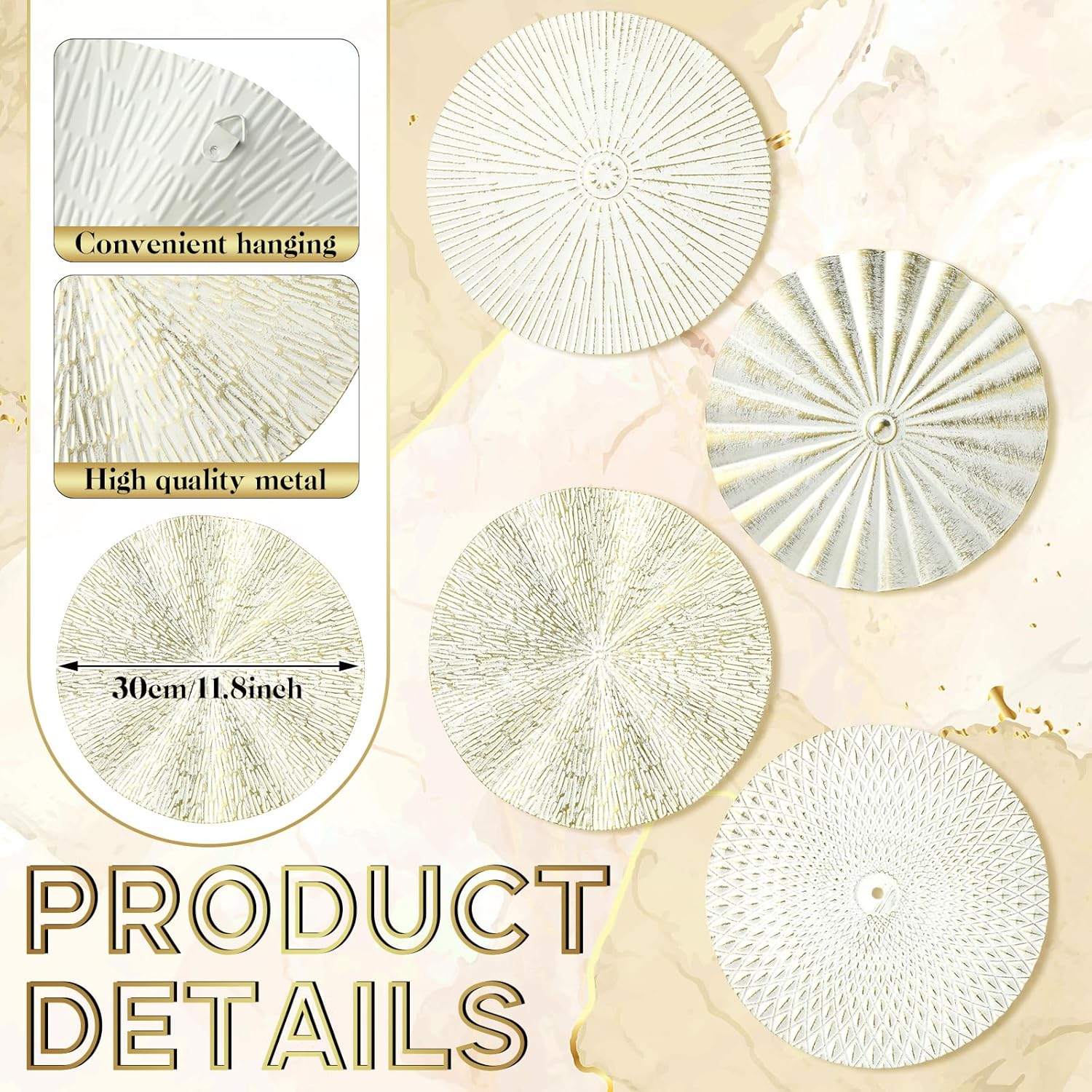 Metal Wall Art Decor Modern Sunburst Hanging Artwork Decor Wall / White Gold / 12 Inch / Set of 4