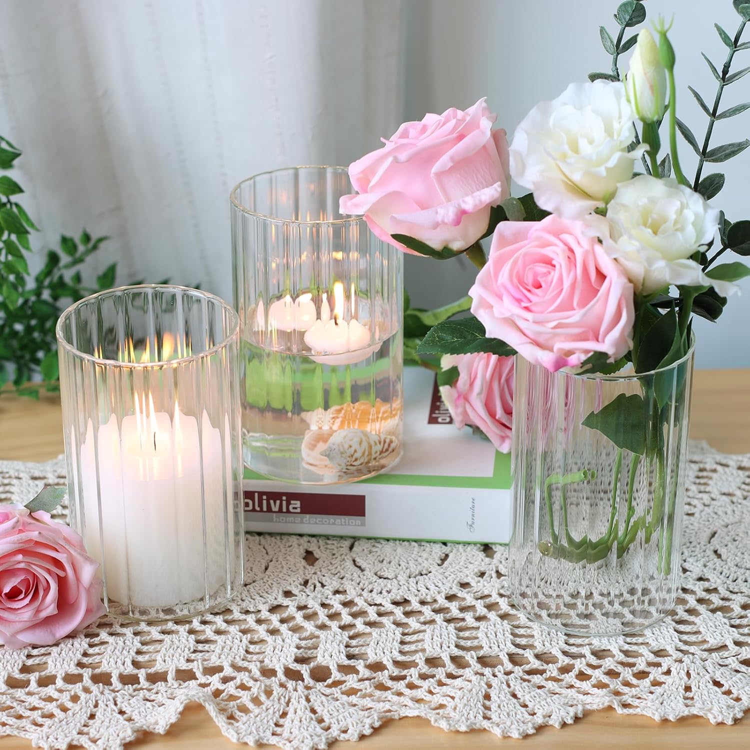 Glass Cylinder vases for Centerpieces / Ribbed / Clear / 6 Inch / Set of 12