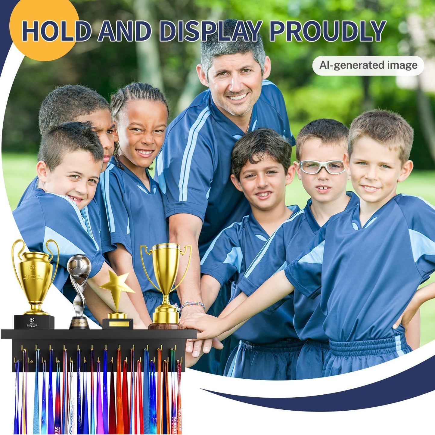 Medal Holder Display Trophy Shelf Organizer, Sturdy Wooden Race Award Hanger Rack with 25 Steel Hooks, Wall Mount