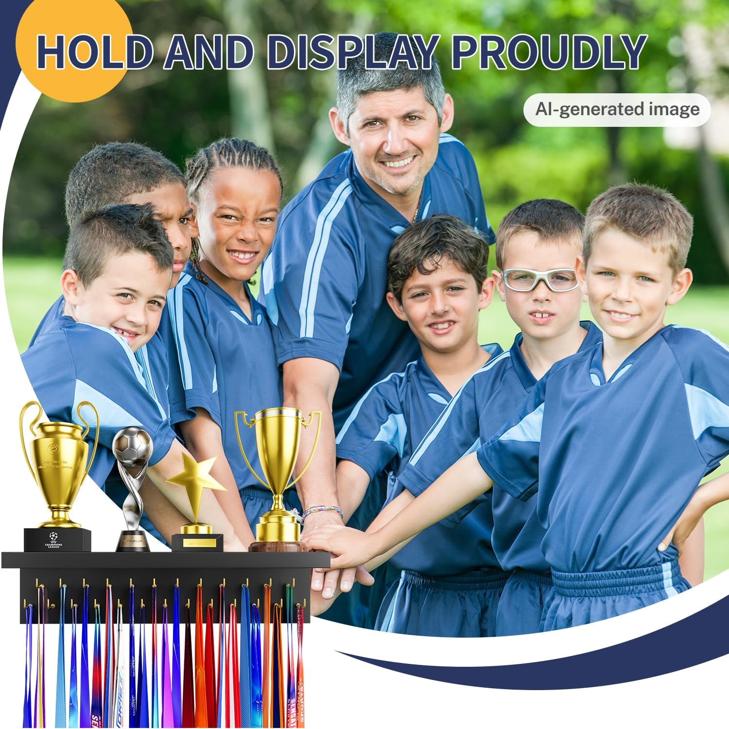 Medal Holder Display Trophy Shelf Organizer, Sturdy Wooden Race Award Hanger Rack with 25 Steel Hooks, Wall Mount